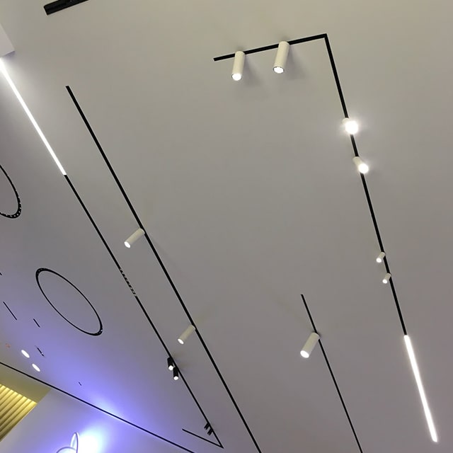 Белый матовый натяжной потолок с трековым освещением